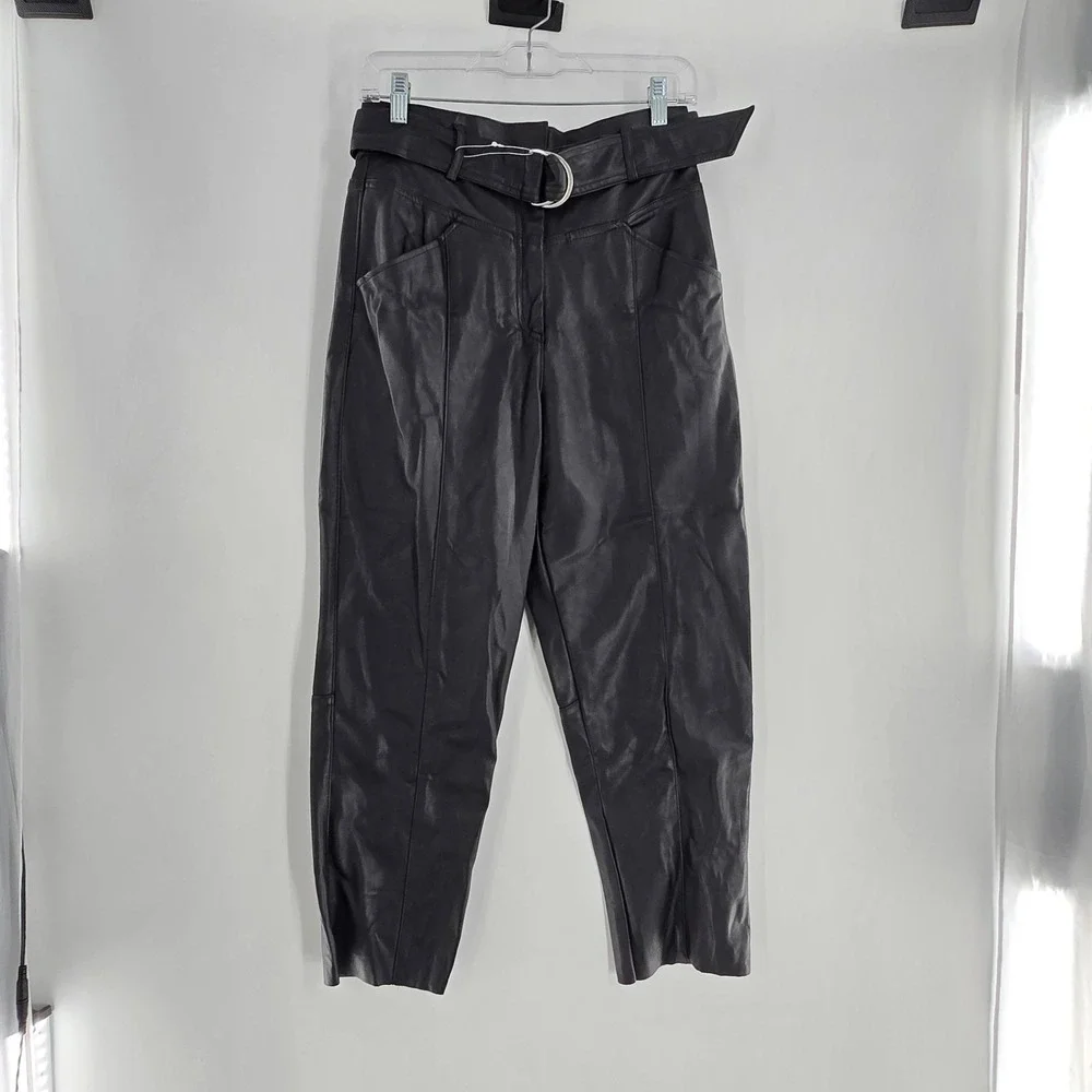 NWT H&M‎ Faux Black Leather pants tapered leg High waist Detachable belt  Sz 6